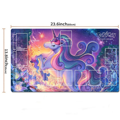 A Pokémon trading card game playmat shown on a white background with printed dimensions: 23.6 inches (60 cm) wide and 13.