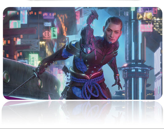 Character in futuristic outfit with neon cityscape background