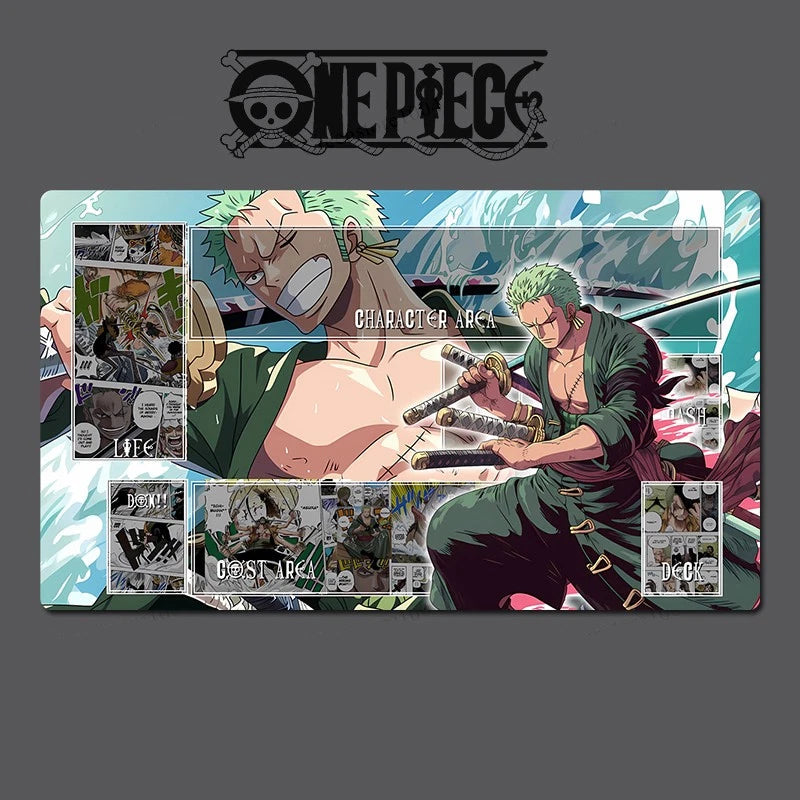 Anime character with green hair and a sword, surrounded by smaller images and 'One Piece' logo.