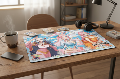 Desk setup with a colorful mouse pad featuring anime characters, a mug, and cards.