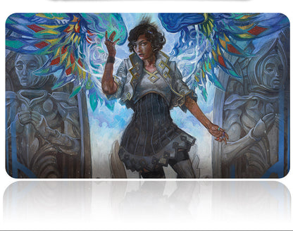 Laptop skin with a fantasy design of a person with colorful wings and stone carvings.