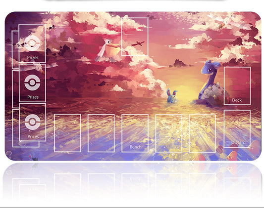 Pokémon-themed playmat with artwork of characters and scenery, accompanied by a pen.