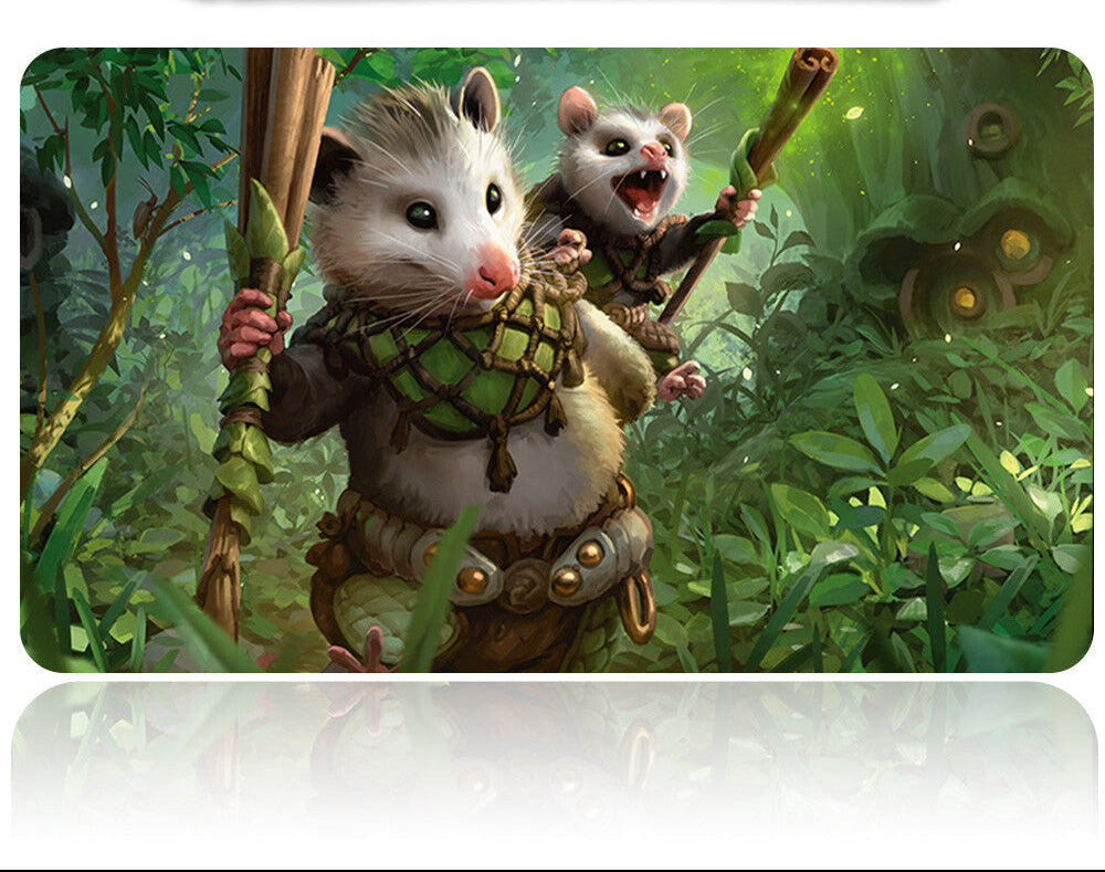 Two animated opossums in a forest setting with a tool above them