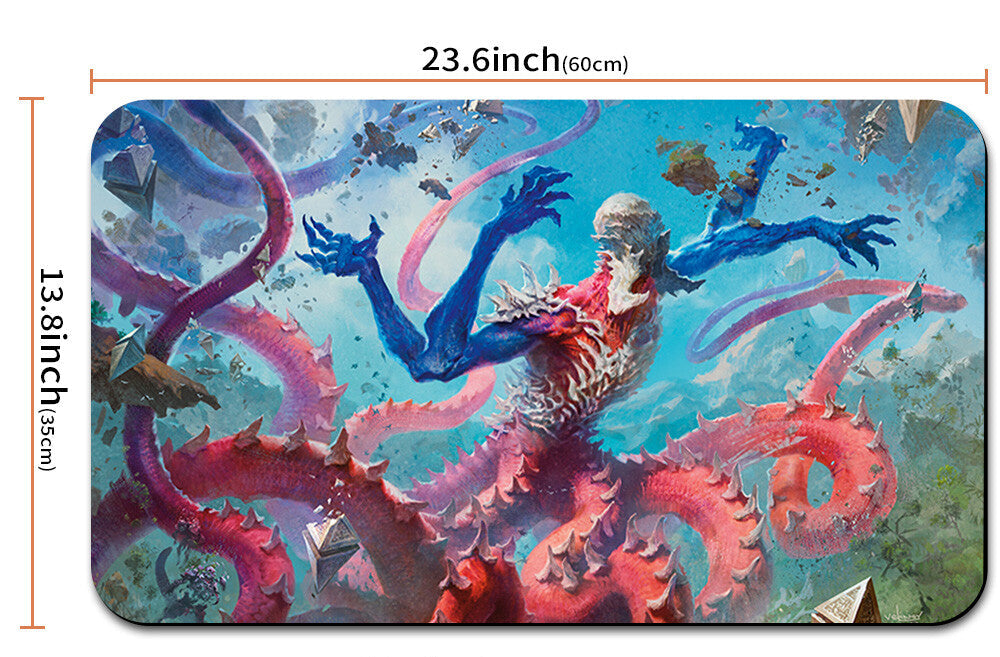 Artistic depiction of a creature with tentacles and measurements on a blue background