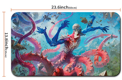 Artistic depiction of a creature with tentacles and measurements on a blue background