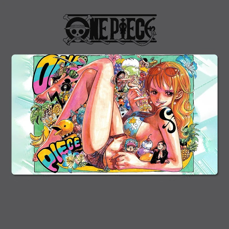 Colorful 'One Piece' themed mouse pad with character design and branding.