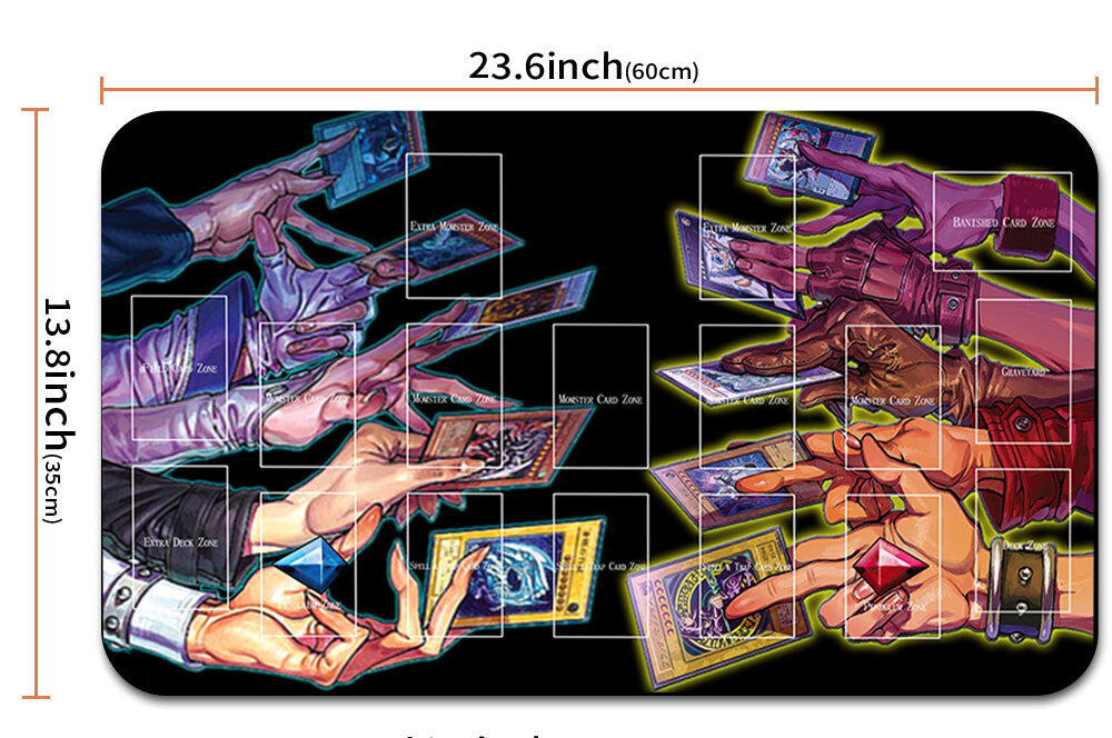 Card game playmat with measurements and a drawstring bag below.