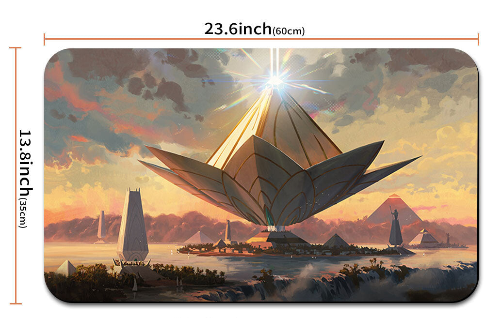 Mouse pad with artistic design of a large, glowing structure over a landscape, with measurements indicated.