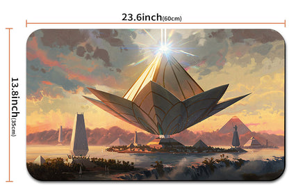 Mouse pad with artistic design of a large, glowing structure over a landscape, with measurements indicated.