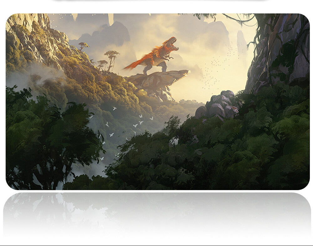 Laptop sleeve with a fantasy landscape design featuring a dragon and mountains.