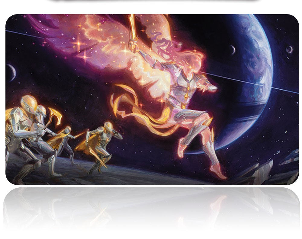 Futuristic weapon with a space-themed background featuring a warrior and alien.