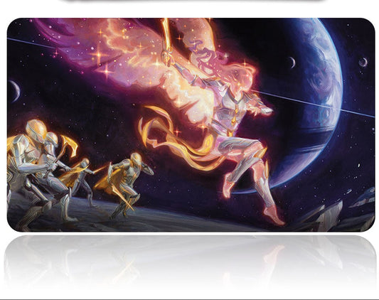 Futuristic weapon with a space-themed background featuring a warrior and alien.