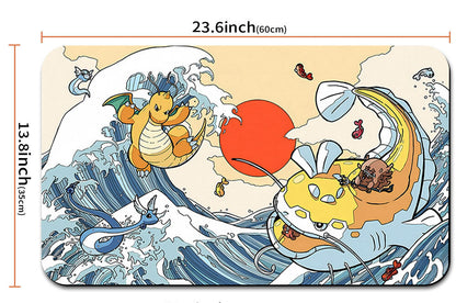 Cartoon design with characters on a wave background, including measurements.