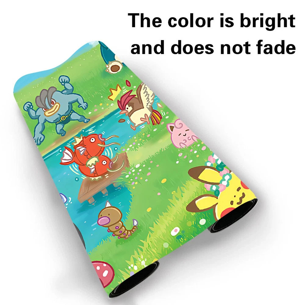 A roll of colorful vinyl wrap or sticker sheet featuring a vibrant cartoon landscape with characters, shown on a white background with text stating 'The color is bright and does not fade'.
