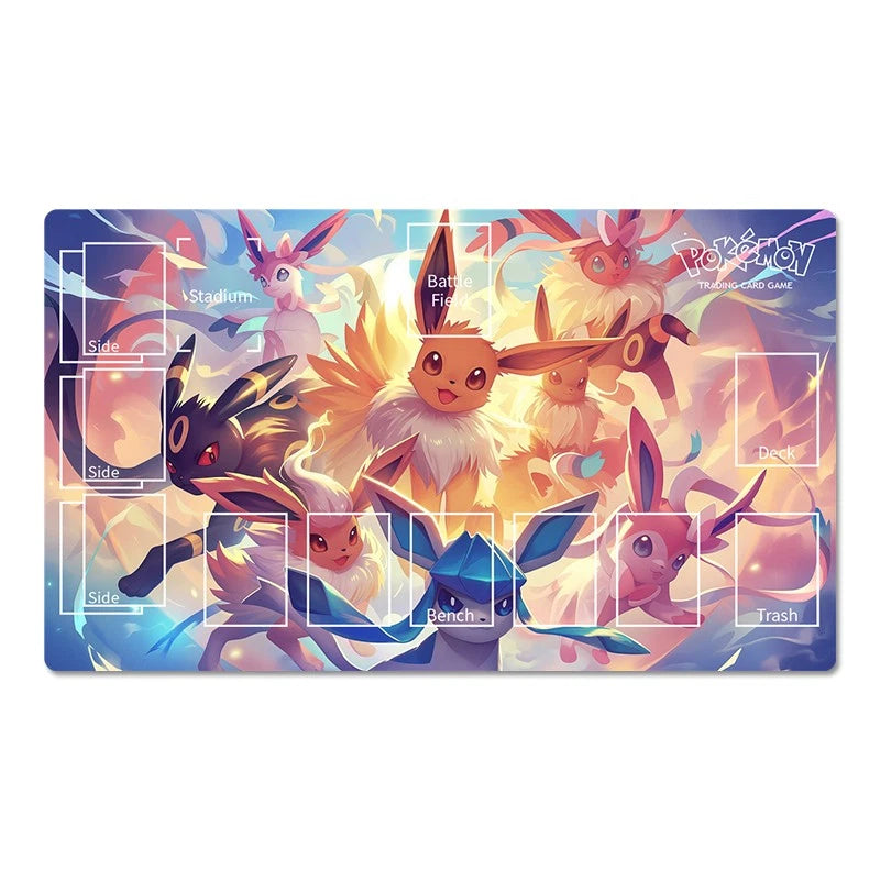 A rectangular Pokémon Trading Card Game playmat with a colorful anime-style illustration featuring Eevee, Eevee Evolutions, and other Pokémon characters. The playmat includes printed layout guides for Side, Back, Bench, Trash, and Stadium areas, and the Pokémon logo is visible in the top right.