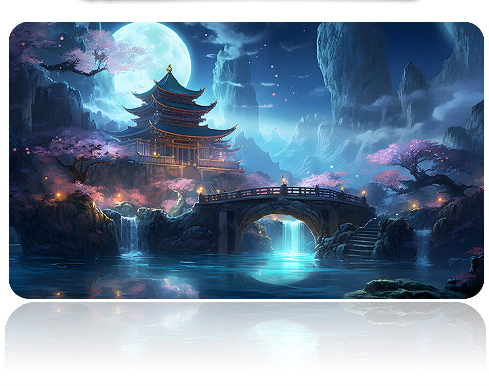 Futuristic weapon with a fantasy-themed mouse pad featuring a temple and bridge under a moonlit sky.