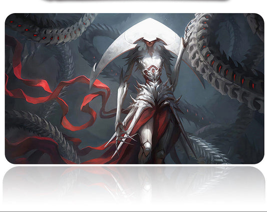 Mouse pad with fantasy design featuring a hooded figure and serpents on a dark background