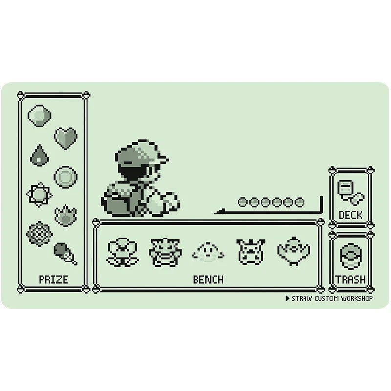 A light green rectangular desk mat featuring a pixel-art Pokémon theme with a character in the center, labeled sections for PRIZE, BENCH, DECK, and TRASH, and small Pokémon icons along the bottom.
