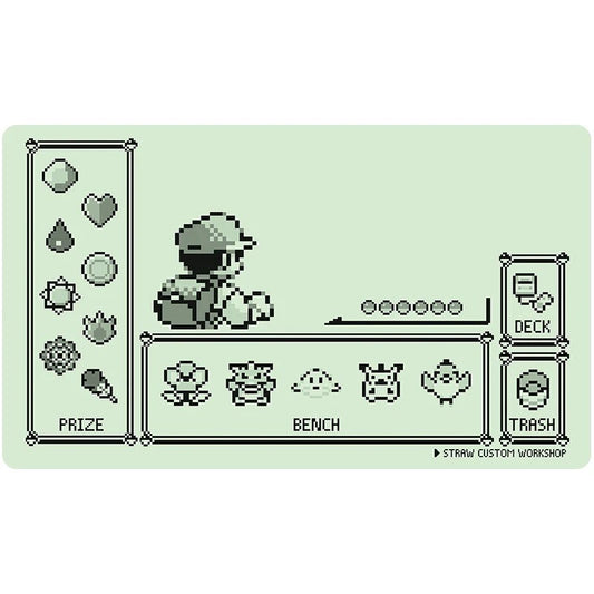 A light green rectangular desk mat featuring a pixel-art Pokémon theme with a character in the center, labeled sections for PRIZE, BENCH, DECK, and TRASH, and small Pokémon icons along the bottom.