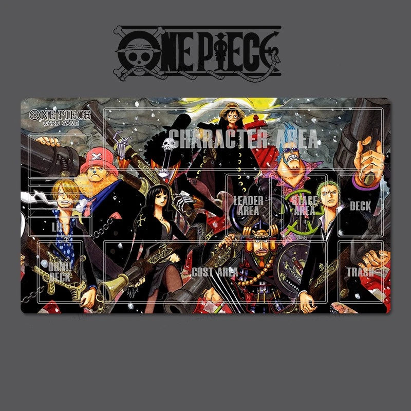 Card game mat with One Piece character illustrations on a dark background