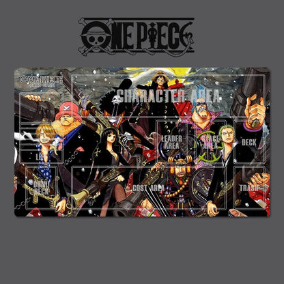 Card game mat with One Piece character illustrations on a dark background
