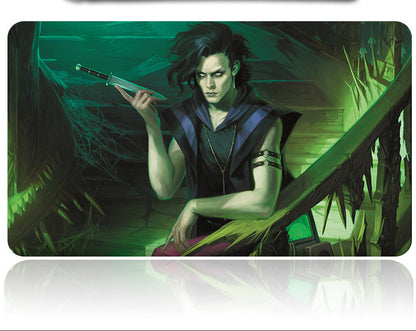Character holding a weapon on a green-themed mouse pad with a pen above.