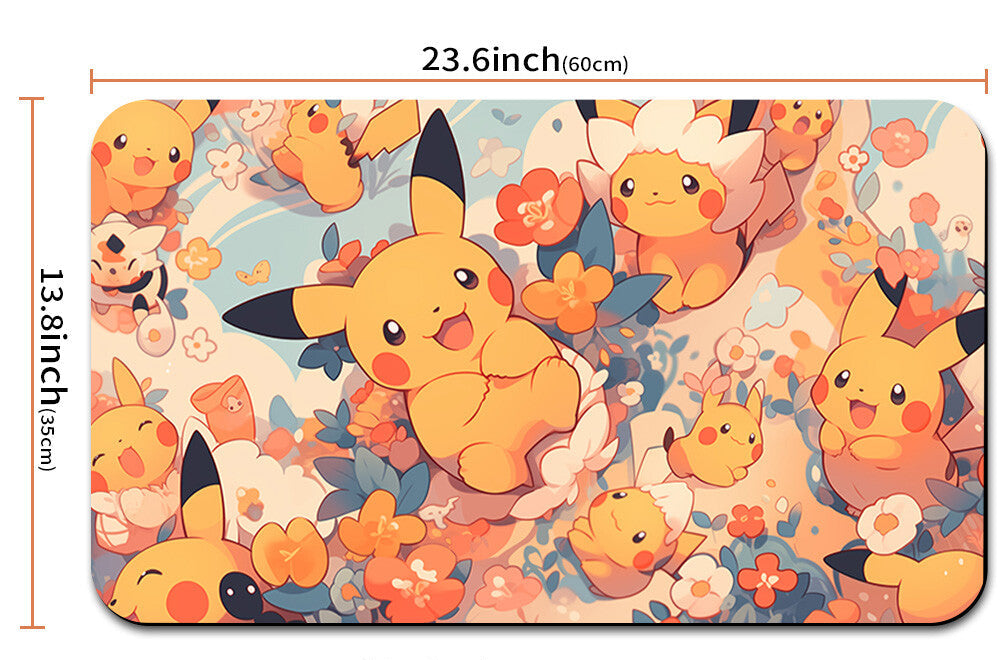 Floral patterned mouse pad with Pikachu design, dimensions shown, and a carrying strap.