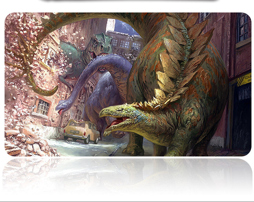 Illustration of dinosaurs in an urban setting with cherry blossoms and a car.