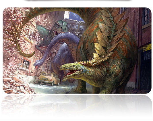 Illustration of dinosaurs in an urban setting with cherry blossoms and a car.