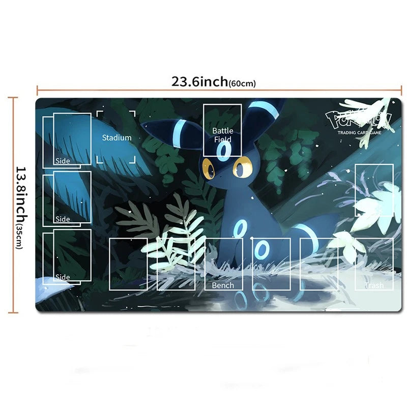 A rectangular gaming playmat featuring an illustration of a blue anime-style cat character in a dark forest, with printed game area labels such as Stadium, Battle Field, Bench, and Wash. The image includes dimension annotations showing 23.