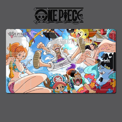A rectangular One Piece Card Game playmat featuring a colorful anime illustration of the main characters from the One Piece series, shown against a dark gray background with the One Piece logo above it.