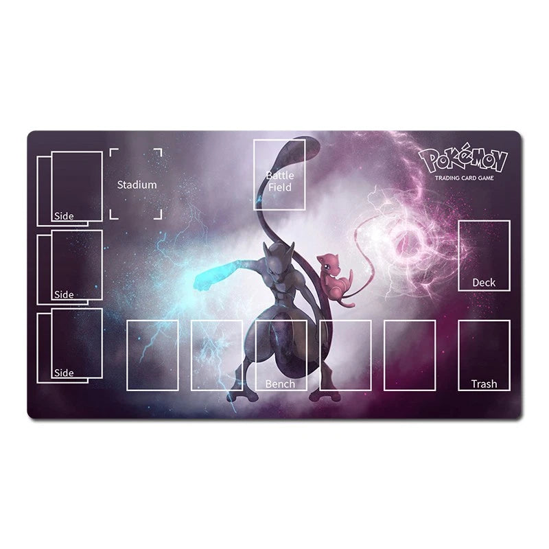 A rectangular Pokémon trading card playmat with a dark purple and blue cosmic background, featuring Mew and a pink energy swirl. The playmat includes printed layout labels such as Stadium, Battle Field, Deck, Bench, Trash, and Side, plus the Pokémon Trading Card Game logo in the top right.