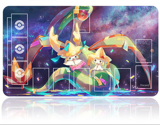 Card game mat with cartoon characters and game elements on a colorful background