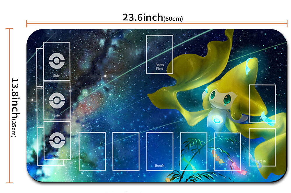 Pokémon-themed mouse pad with measurements and a pouch on a white background