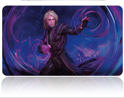 Mouse pad with fantasy character design and a pen on a white background