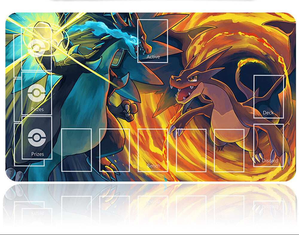 Pokémon-themed playmat with two characters on a white background
