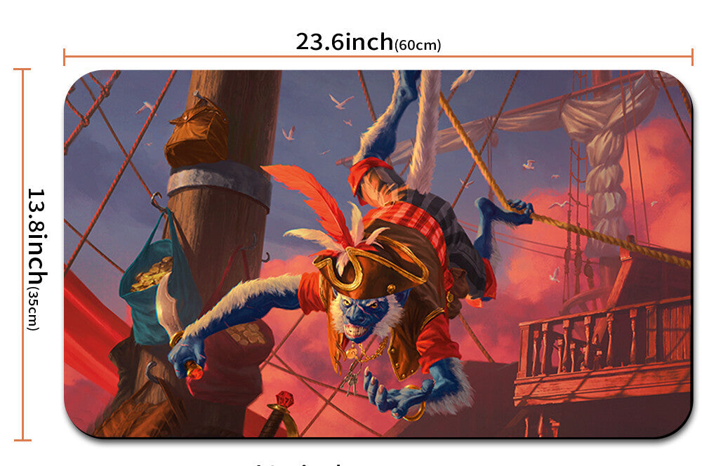 Illustration of a character on a ship with dimensions and a pouch shown below.