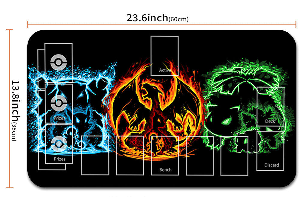 Tcg playmat with character designs and measurements, including a drawstring bag.
