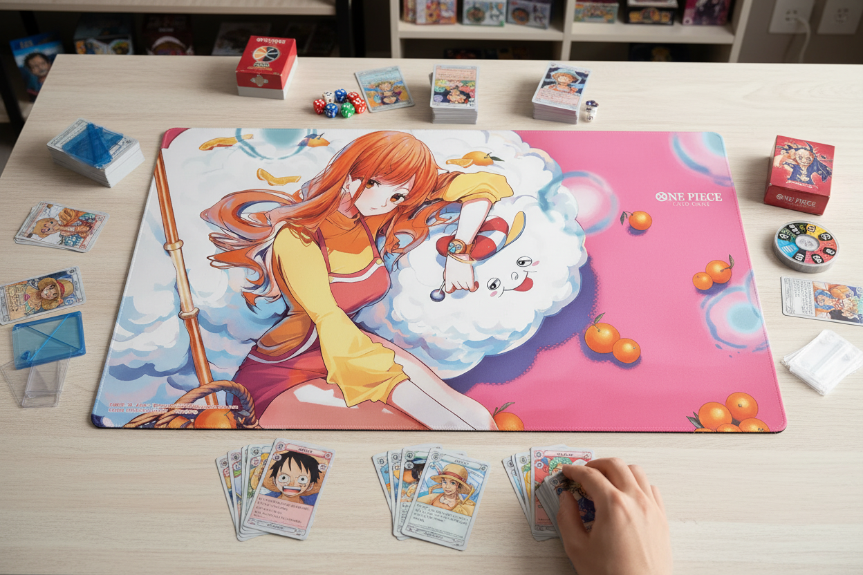 Card game setup with an anime-themed playmat on a table