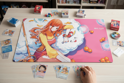 Card game setup with an anime-themed playmat on a table