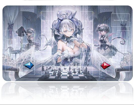 Anime-style character on a chessboard with game interface elements