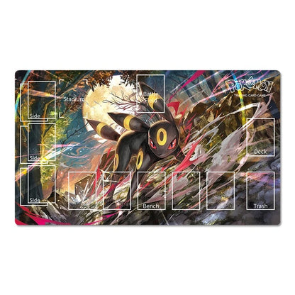 A rectangular Pokémon Trading Card Game playmat featuring a dynamic illustration of Umbreon in a forest with white layout boxes for game areas like Stadium, Bench, Deck, Side, and Trash.