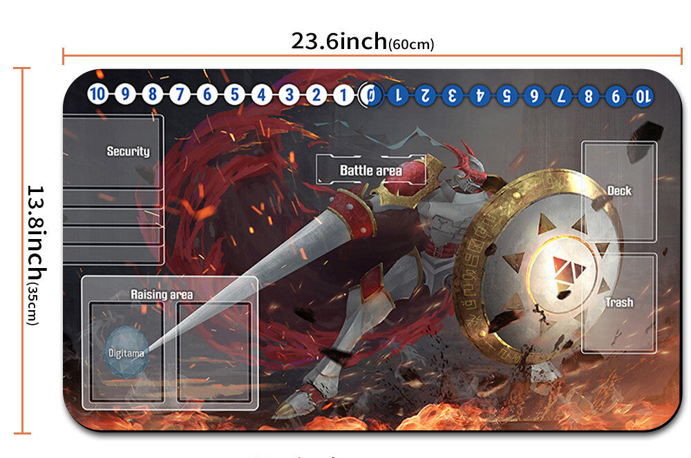 Board game mat with character design, measurements, and carrying strap.
