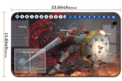 Board game mat with character design, measurements, and carrying strap.