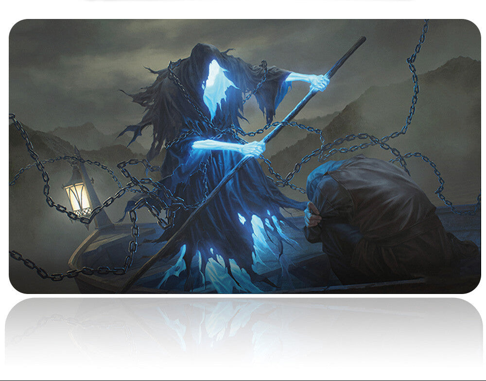 Gaming mouse pad with a dark fantasy design featuring a hooded figure and chains, with a flashlight above.