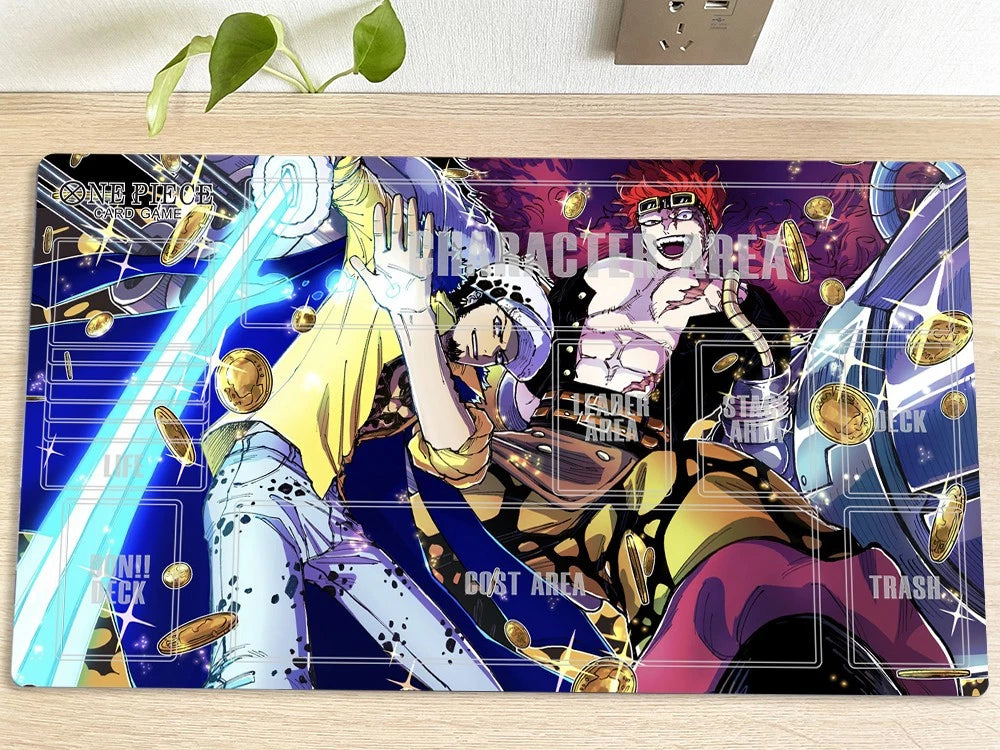 Colorful anime-style mouse pad with characters on a wooden surface.