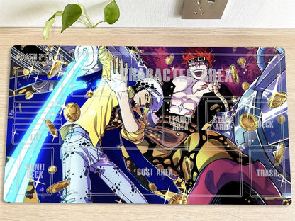 Colorful anime-style mouse pad with characters on a wooden surface.