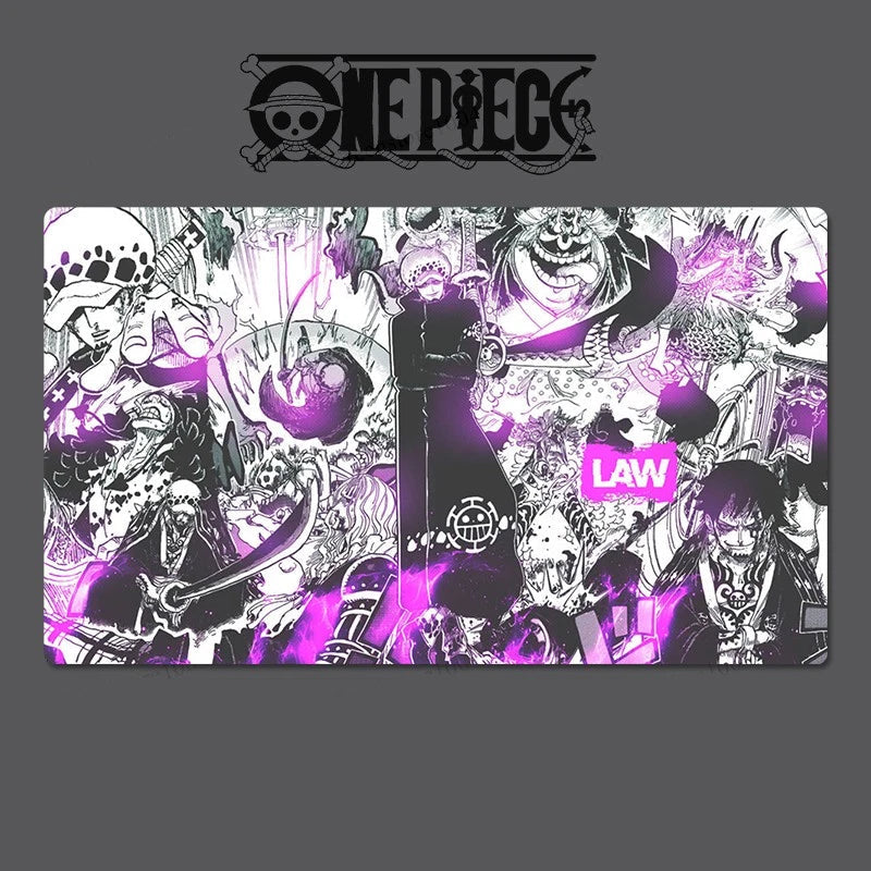 Collage of characters from 'One Piece' with a prominent 'LAW' character, on a dark background.