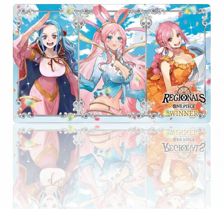 Card holder with anime character designs on a white background