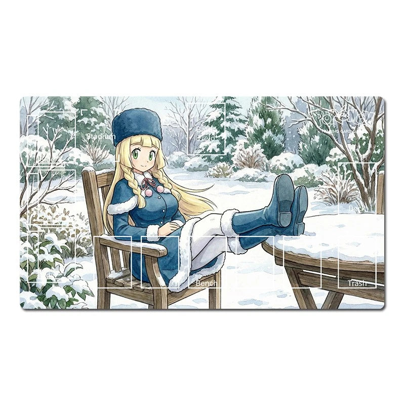 Anime character sitting on a wooden bench in a snowy landscape